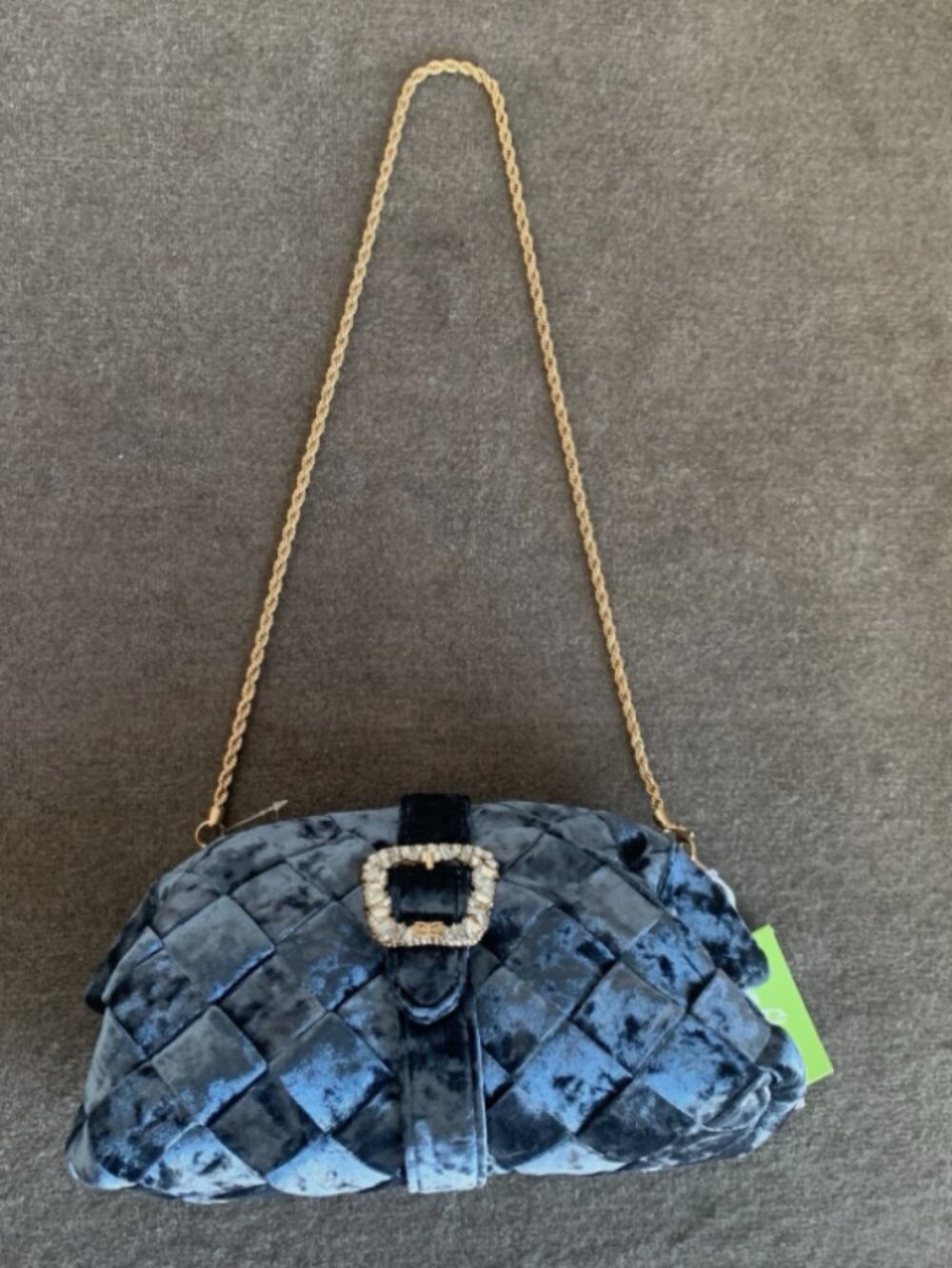 Sam Edelman Brit Frame Clutch Bag Velvet Shoulder Blue Jeweled Chain Strap